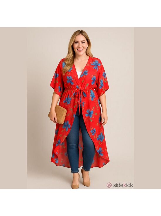 Emerald Tops - Emerald Red Floral Kimono 2x